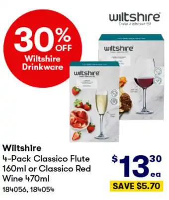 BIG W Wiltshire 4-Pack Classico Flute 160ml or Classico Red Wine 470ml offer