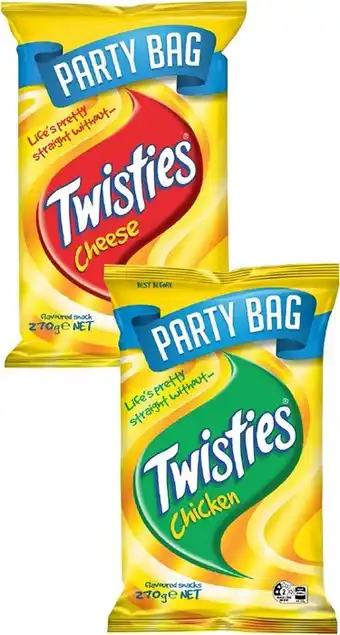 Twisties Cheese or Chicken Snacks Party Size Bags 270g