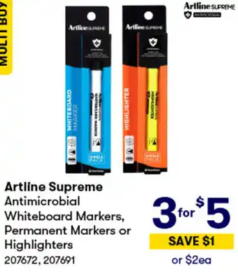 BIG W Artline Supreme Antimicrobial Whiteboard Markers, Permanent Markers or Highlighters offer