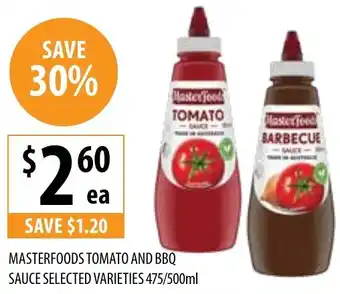 Supabarn MASTERFOODS TOMATO AND BBQ SAUCE SELECTED VARIETIES 475/500ml offer