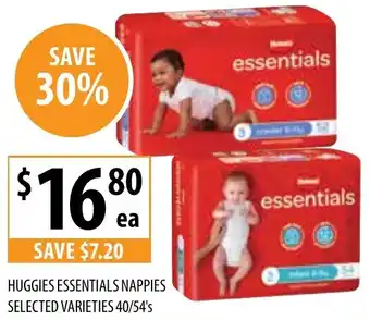 Supabarn HUGGIES ESSENTIALS NAPPIES SELECTED VARIETIES 40/54's offer