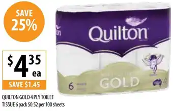 Supabarn QUILTON GOLD 4 PLY TOILET TISSUE 6 pack offer