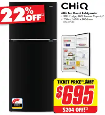 The Good Guys CHIQ 410L Top Mount Refrigerator offer