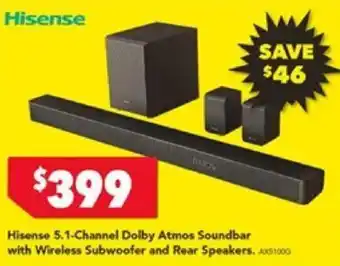 Harvey Norman Hisense 5.1-Channel Dolby Atmos Soundbar with Wireless Subwoofer and Rear Speakers offer