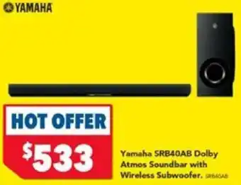 Harvey Norman Yamaha SRB40AB Dolby Atmos Soundbar with Wireless Subwoofer offer