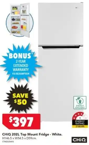 Harvey Norman CHIQ 202L Top Mount Fridge - White. offer