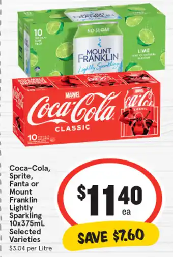 IGA Coca‑Cola, Sprite, Fanta or Mount Franklin Lightly Sparkling 10x375mL Selected Varieties offer