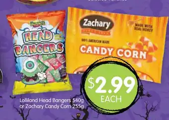 Spudshed Lolliland Head Bangers 540g or Zachary Candy Corn 255g offer