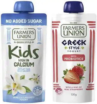 Farmers Union Greek Style or No Added Sugar Kids Yogurt Pouch 130g