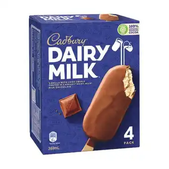 Woolworths Cadbury Ice Cream Bars or Sticks 300-360ml Pk 4 – From the Freezer offer