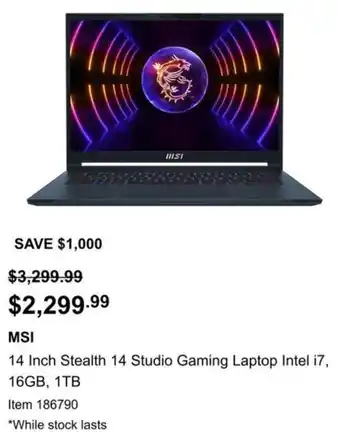 Costco MSI 14 Inch Stealth 14 Studio Gaming Laptop Intel i7, 16GB, 1TB offer