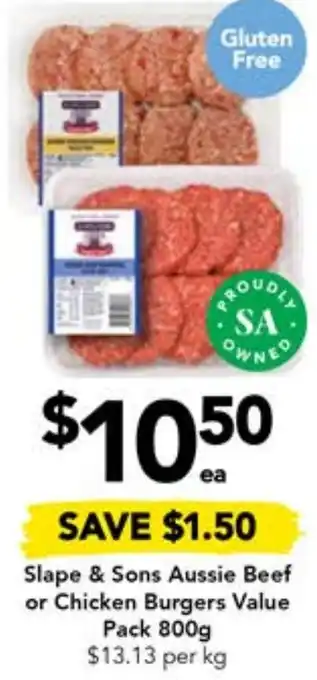 Drakes Slape & Sons Aussie Beef or Chicken Burgers Value Pack 800g offer