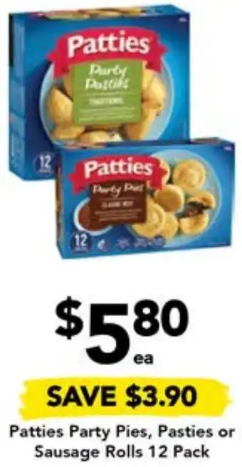 Drakes Patties Party Pies, Pasties or Sausage Rolls 12 Pack offer