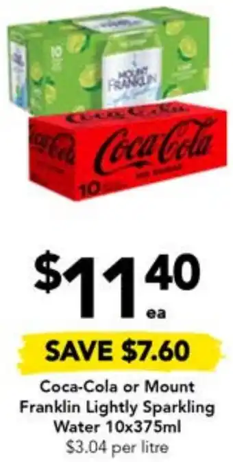 Drakes Coca-Cola or Mount Franklin Lightly Sparkling Water 10x375ml offer