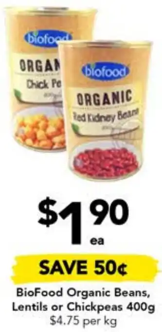 BioFood Organic Beans, Lentils or Chickpeas 400g