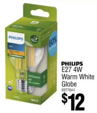 Bunnings PHILIPS E27 4W Warm White Globe offer