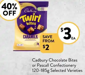 Foodworks Cadbury Chocolate Bites or Pascall Confectionery 120-185g Selected Varieties offer