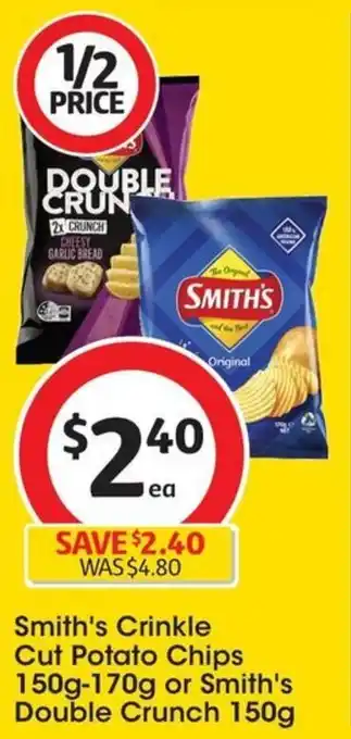 Coles Smith's Crinkle Cut Potato Chips 150g-170g or Smith's Double Crunch 150g offer