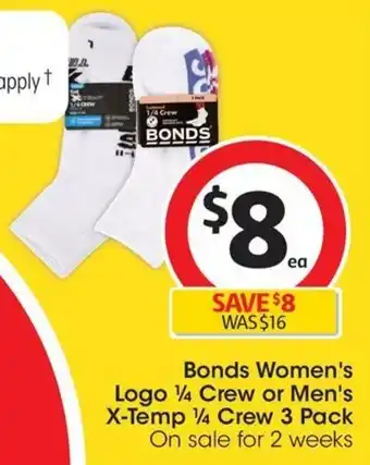 Coles Bonds Women's Logo 1/4 Crew or Men's X-Temp 1/4 Crew 3 Pack offer