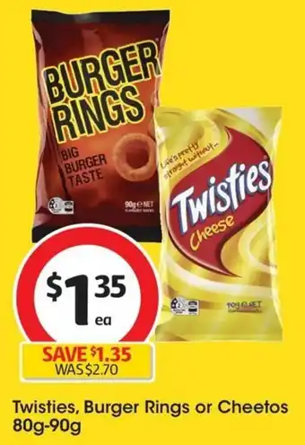 Coles Twisties, Burger Rings or Cheetos 80g-90g offer
