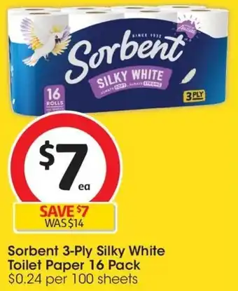 Coles Sorbent 3-Ply Silky White Toilet Paper 16 Pack offer