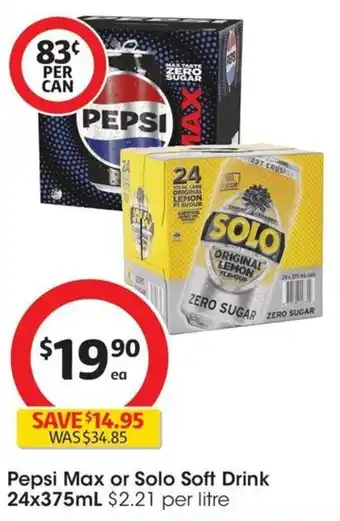 Coles Pepsi Max or Solo Soft Drink 24x375mL offer