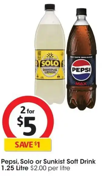 Coles Pepsi, Solo or Sunkist Soft Drink 1.25 Litre offer