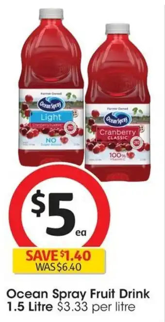 Coles Ocean Spray Fruit Drink 1.5 Litre offer