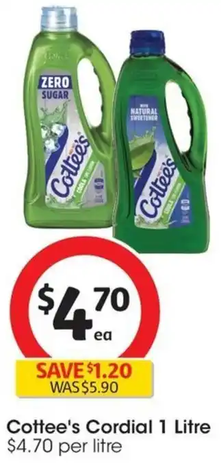Coles Cottee's Cordial 1 Litre offer