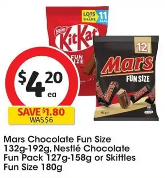 Coles Mars Chocolate Fun Size 132g-192g, Nestlé Chocolate Fun Pack 127g-158g or Skittles Fun Size 180g offer