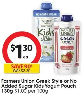 Coles Farmers Union Greek Style or No Added Sugar Kids Yogurt Pouch 130g offer