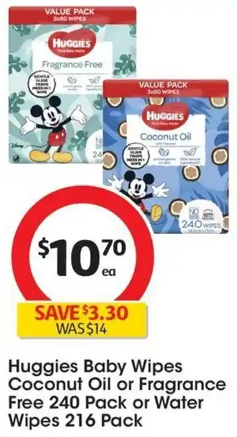 Coles Huggies Baby Wipes Coconut Oil or Fragrance Free 240 Pack or Water Wipes 216 Pack offer
