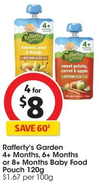 Coles Rafferty's Garden 4+ Months, 6+ Months or 8+ Months Baby Food Pouch 120g offer