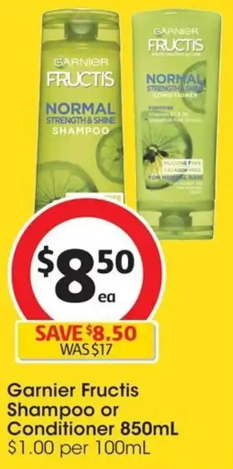Coles Garnier Fructis Shampoo or Conditioner 850mL offer