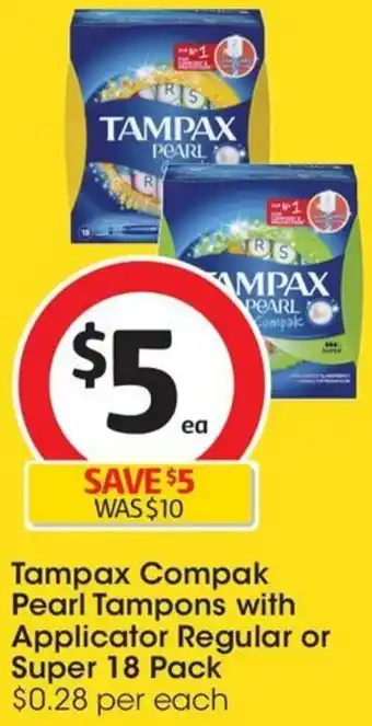 Coles Tampax Compak Pearl Tampons with Applicator Regular or Super 18 Pack offer