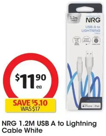 Coles NRG 1.2M USB A to Lightning Cable White offer