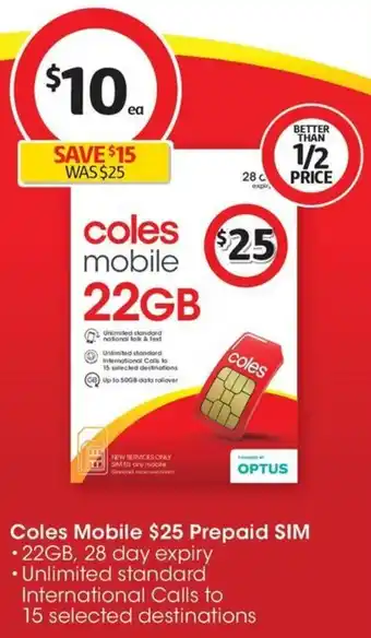 Coles Coles Mobile $25 Prepaid SIM offer