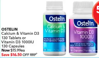 Amcal Pharmacies OSTELIN Calcium & Vitamin D3 130 Tablets or Vitam 130 Capsules in D3 1000IU offer
