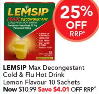 LEMSIP Max Decongestant Cold & Flu Hot Drink Lemon Flavour 10 sachets