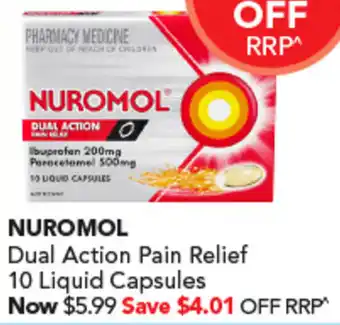 Amcal Pharmacies NUROMOL Dual Action Pain Relief 10 Liquid Capsules offer