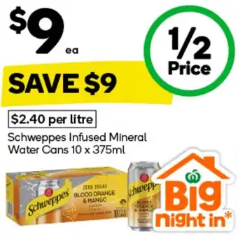 Woolworths Schweppes Infused Mineral Water Cans 10 x 375ml offer