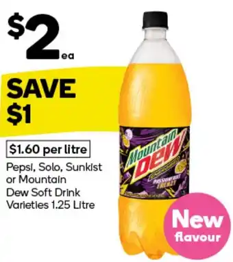 Woolworths Pepsi, Solo, Sunkist or Mountain Dew Soft Drink Varieties 1.25 Litre offer
