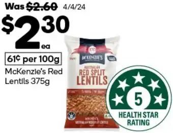 Woolworths McKenzie's Red Lentils 375g offer