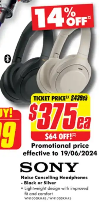 The Good Guys SONY Noise Cancelling Headphones - Black or Silver offer