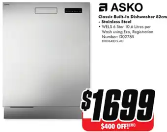 The Good Guys ASKO Classic Built-In Dishwasher 82cm Stainless Steel offer