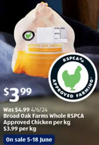 ALDI Broad Oak Farms Whole RSPCA Approved Chicken per kg offer