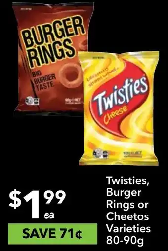 Ritchies Twisties, Burger Rings or Cheetos 90g offer