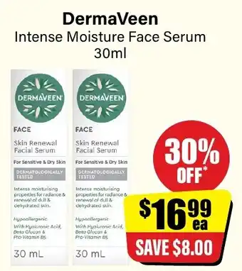 Chemist Discount Centre DermaVeen Intense Moisture Face Serum 30ml offer