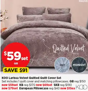 Spotlight KOO Larissa Velvet Quilted Quilt Cover Set offer
