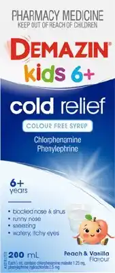 Discount Drug Stores Demazin Kids 6 + Cold Relief Colour Free Syrup 200mL offer